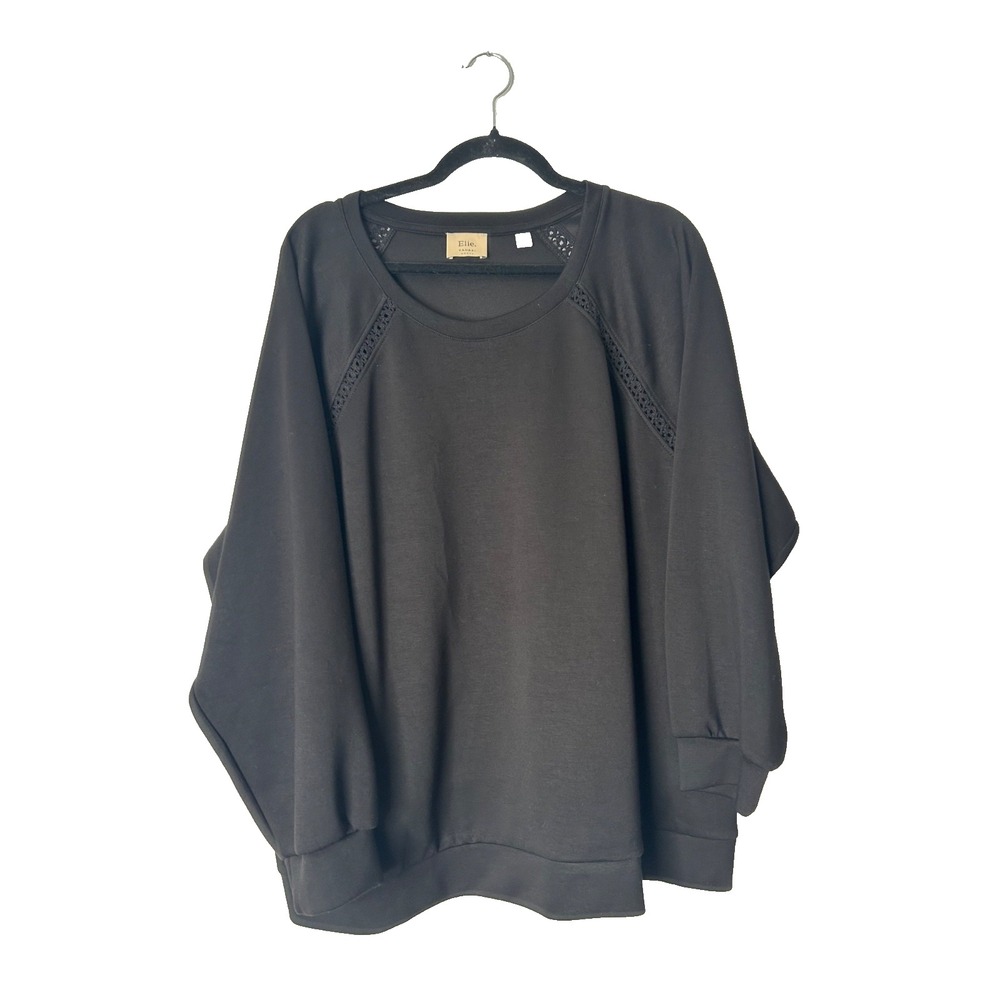 Elie Tahari Sweatshirt Size 2X Black Crochet Lace Panels Raglan Sleeve Seam